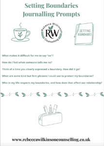 Setting Boundaries Journalling Prompts worksheet by Rebecca Wilkinson Counselling, featuring five reflective questions, illustrations of a teacup, notebook, pencil case, and decorative leaf border