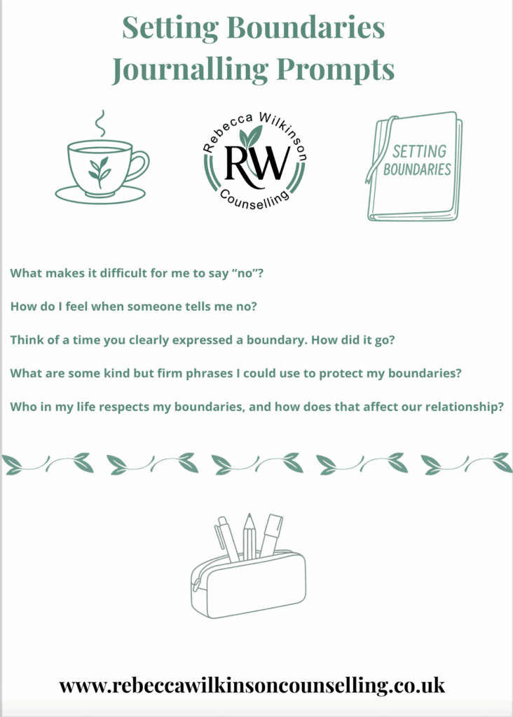 Setting Boundaries Journalling Prompts worksheet by Rebecca Wilkinson Counselling, featuring five reflective questions, illustrations of a teacup, notebook, pencil case, and decorative leaf border