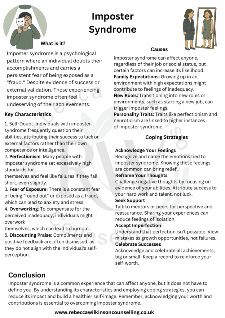 Imposter Syndrome free therapy worksheet preview showing causes and coping strategies.