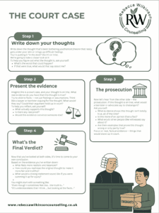 The Court Case worksheet from Rebecca Wilkinson Counselling showing a four-step CBT-inspired process for challenging negative thoughts using courtroom metaphors