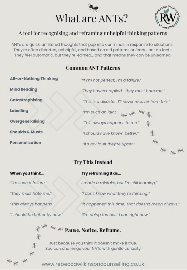 Counselling infographic titled “What are ANTs?” offering a clear explanation of negative automatic thoughts and simple reframing tips. Created by Rebecca Wilkinson Counselling in Plymouth.