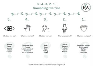 5-4-3-2-1 grounding technique visual aid with icons and sensory prompts from Rebecca Wilkinson Counselling in Plymouth & Online