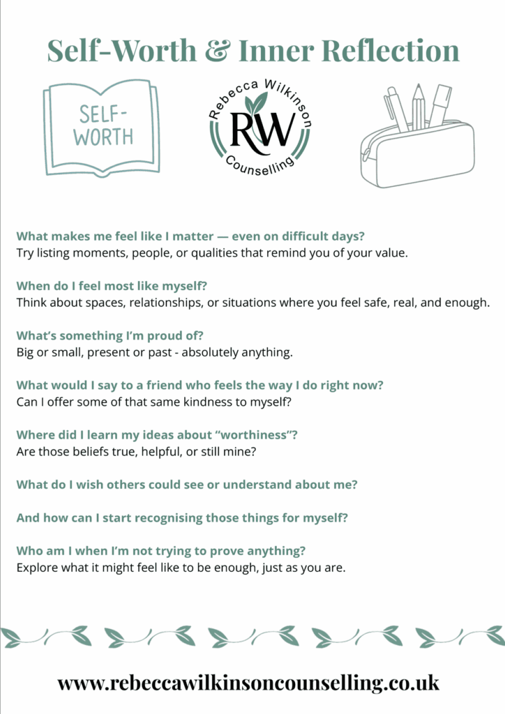 Self-worth and inner reflection journaling prompts from Rebecca Wilkinson Counselling, with questions to explore self-kindness and personal value