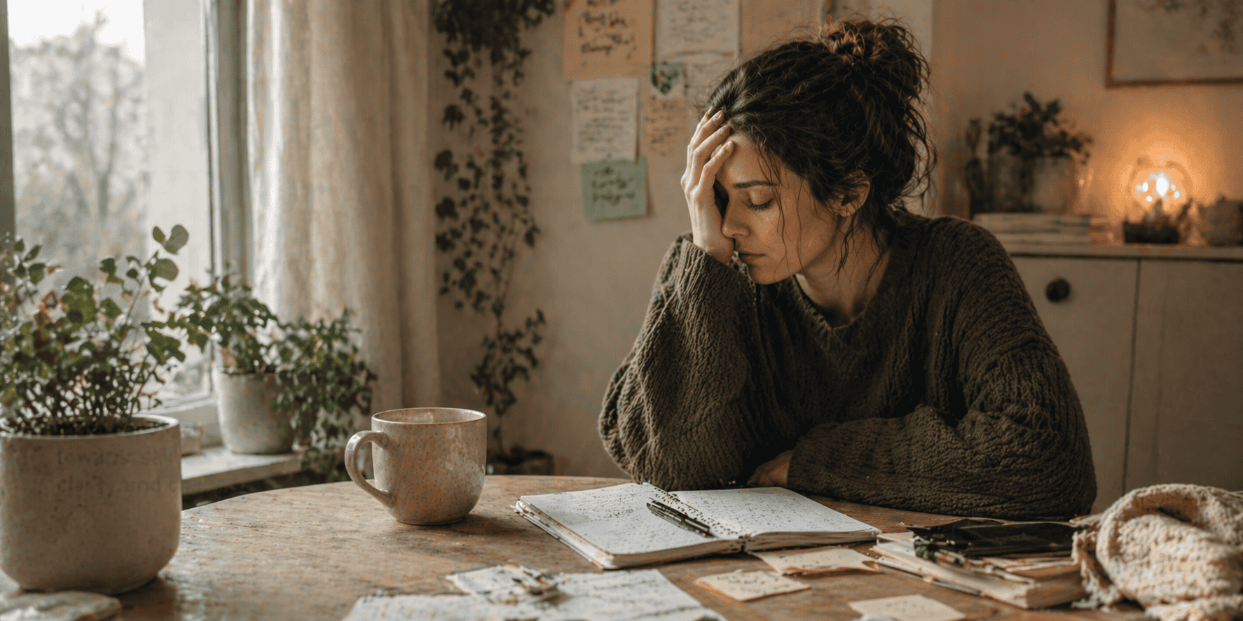 Woman sitting at a cluttered table with notebook and phone, holding her head and looking overwhelmed, representing stress, burnout and mental overload