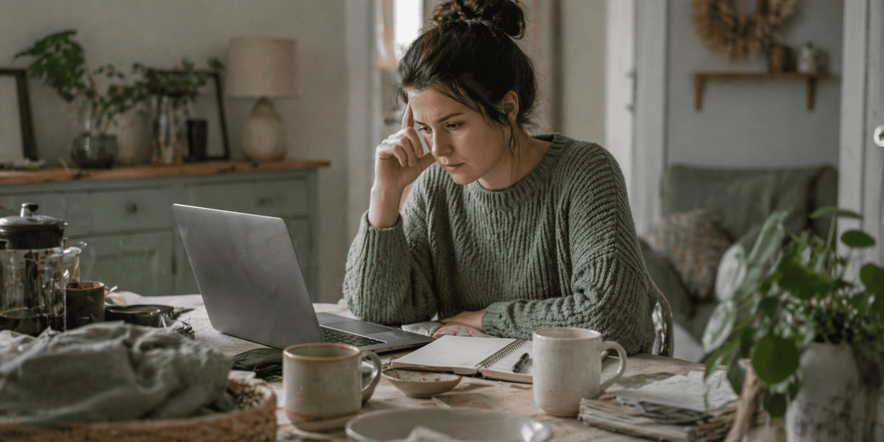Woman sitting at a cluttered table looking at a laptop with a tense, thoughtful expression, representing difficulty starting tasks and feeling overwhelmed