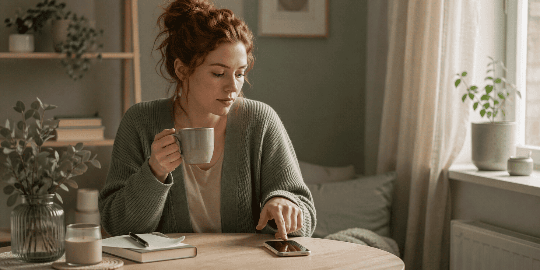 Woman sitting with a cup of tea looking at her phone, representing someone thinking about starting counselling and searching for support online