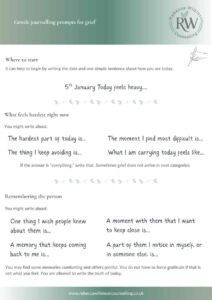 Preview of gentle journalling prompts for grief from Rebecca Wilkinson Counselling.