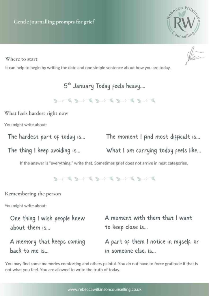 Preview of gentle journalling prompts for grief from Rebecca Wilkinson Counselling.