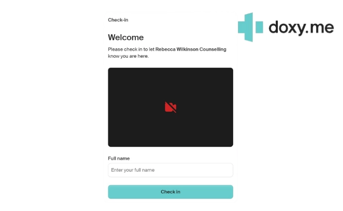 Secure online counselling waiting room screen showing the Doxy.me video therapy platform used for confidential online counselling sessions.