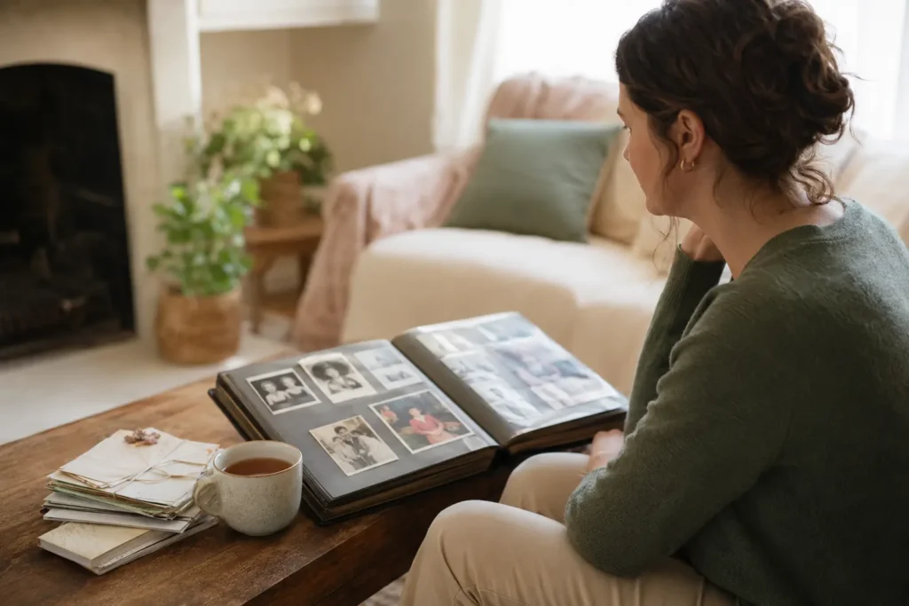 Woman looking through an old family photo album at home