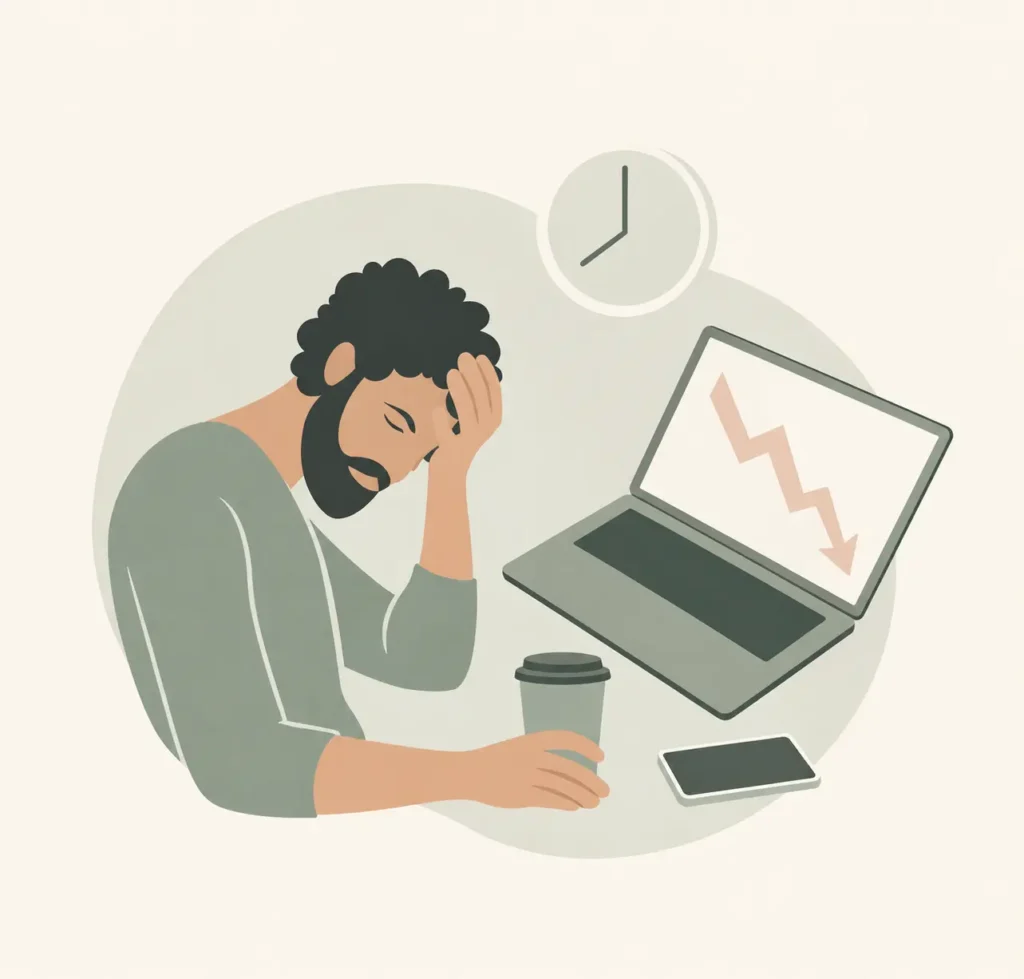 Illustration of a person experiencing the signs of burnout while working at a desk.