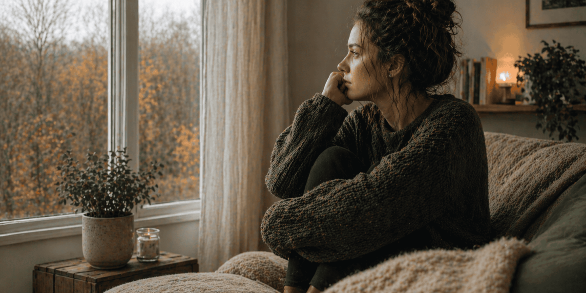 Woman sitting curled up on a sofa by a window, looking thoughtful and stuck in her thoughts, representing task paralysis and feeling unable to start