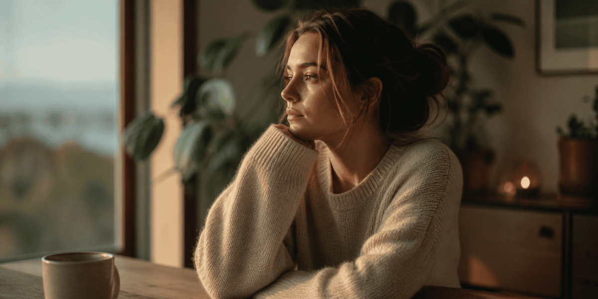 Person sitting by a window with a warm drink, reflecting quietly. Calm scene used for an article on people‑pleasing, anxiety and overwhelm.